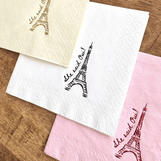 She Said Oui cocktail napkins for bachelorette party Paris theme