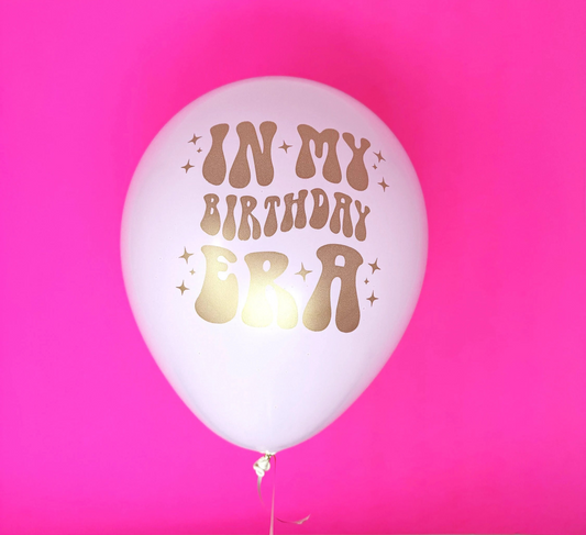 In My Birthday Era Retro Chic White Latex Balloons – 12-Inch with Gold Metallic Font