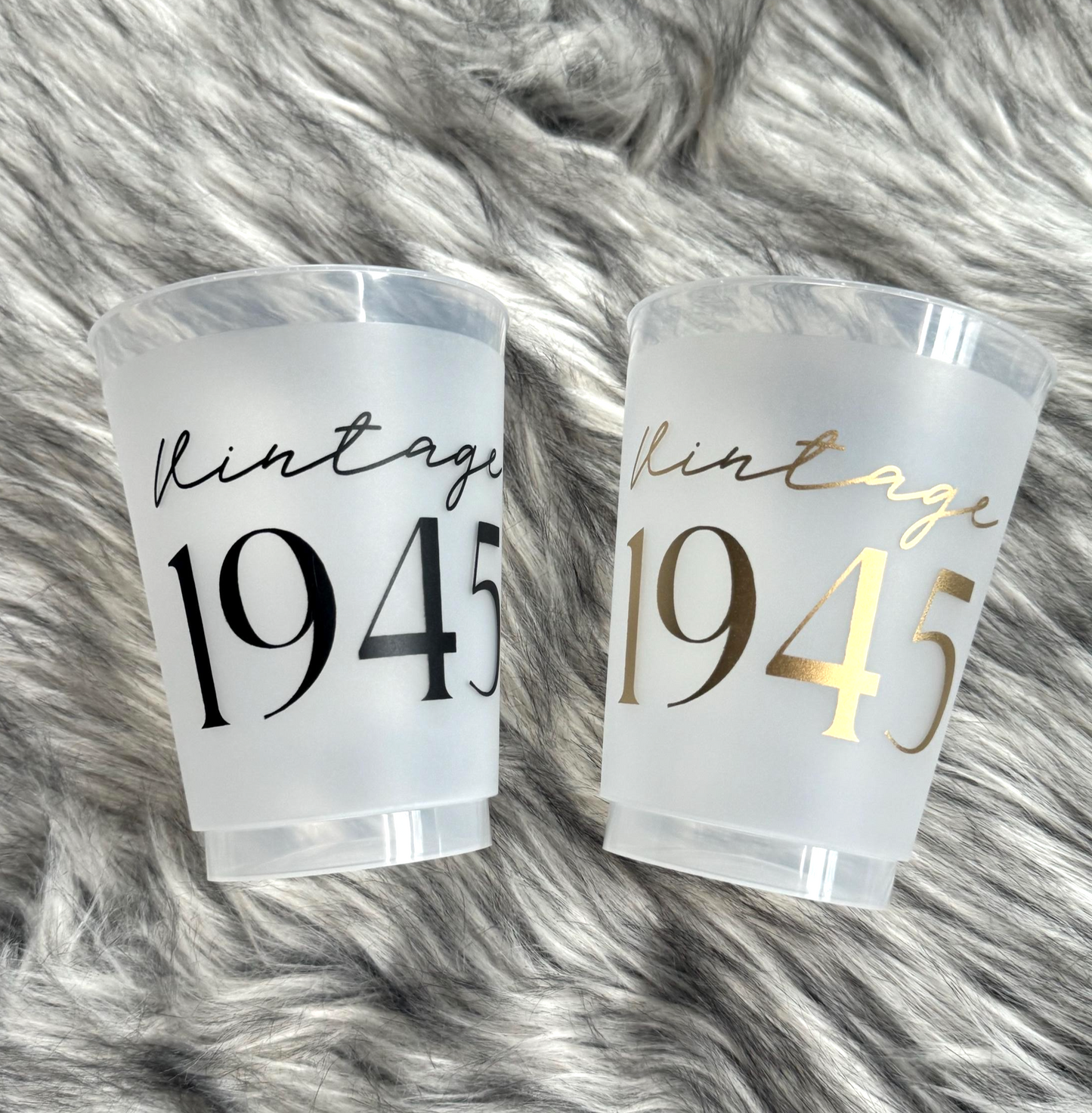 Vintage 1945 Frosted Flex Cups - 80th Birthday Party Cups -16 ounce, Gold or Black Ink, Set of 8