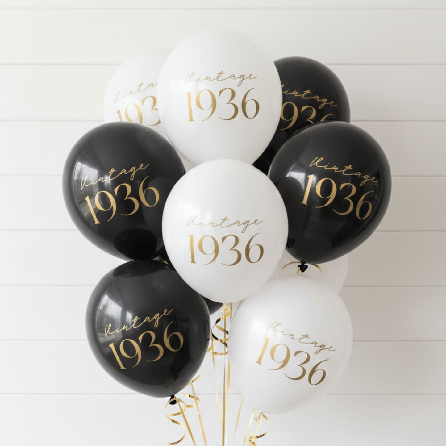 90th Birthday Balloons Black and White Vintage 1936 in gold text