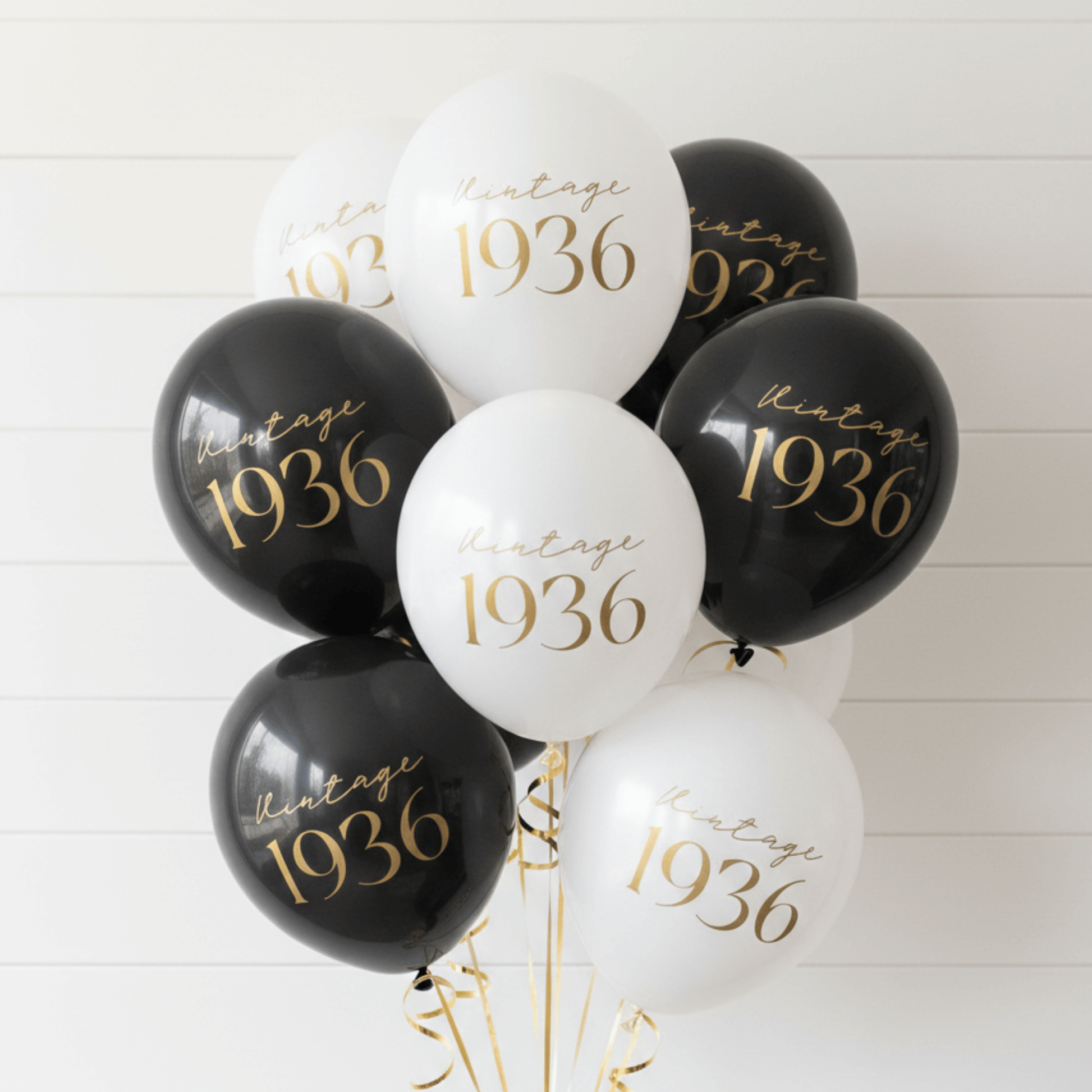 90th Birthday Balloons Black and White Vintage 1936 in gold text