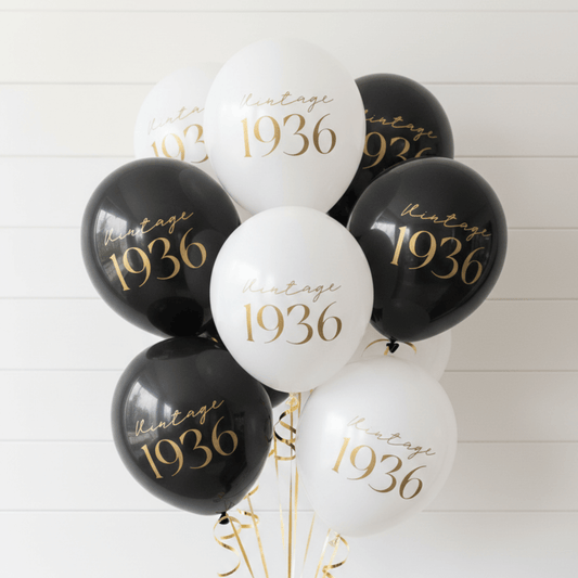 90th Birthday Balloons Black and White Vintage 1936 in gold text