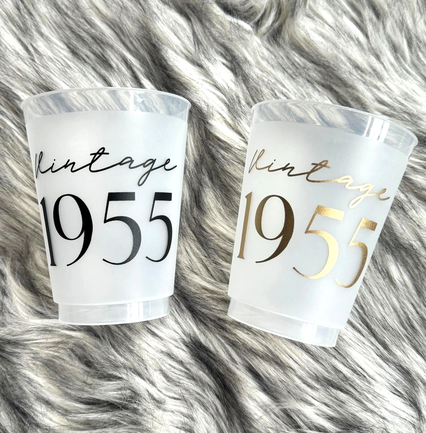 Vintage 1955 Frosted Flex Cups, 70th Birthday Cups, 16 ounce, Shatterproof, Black or Gold Ink, Set of 8