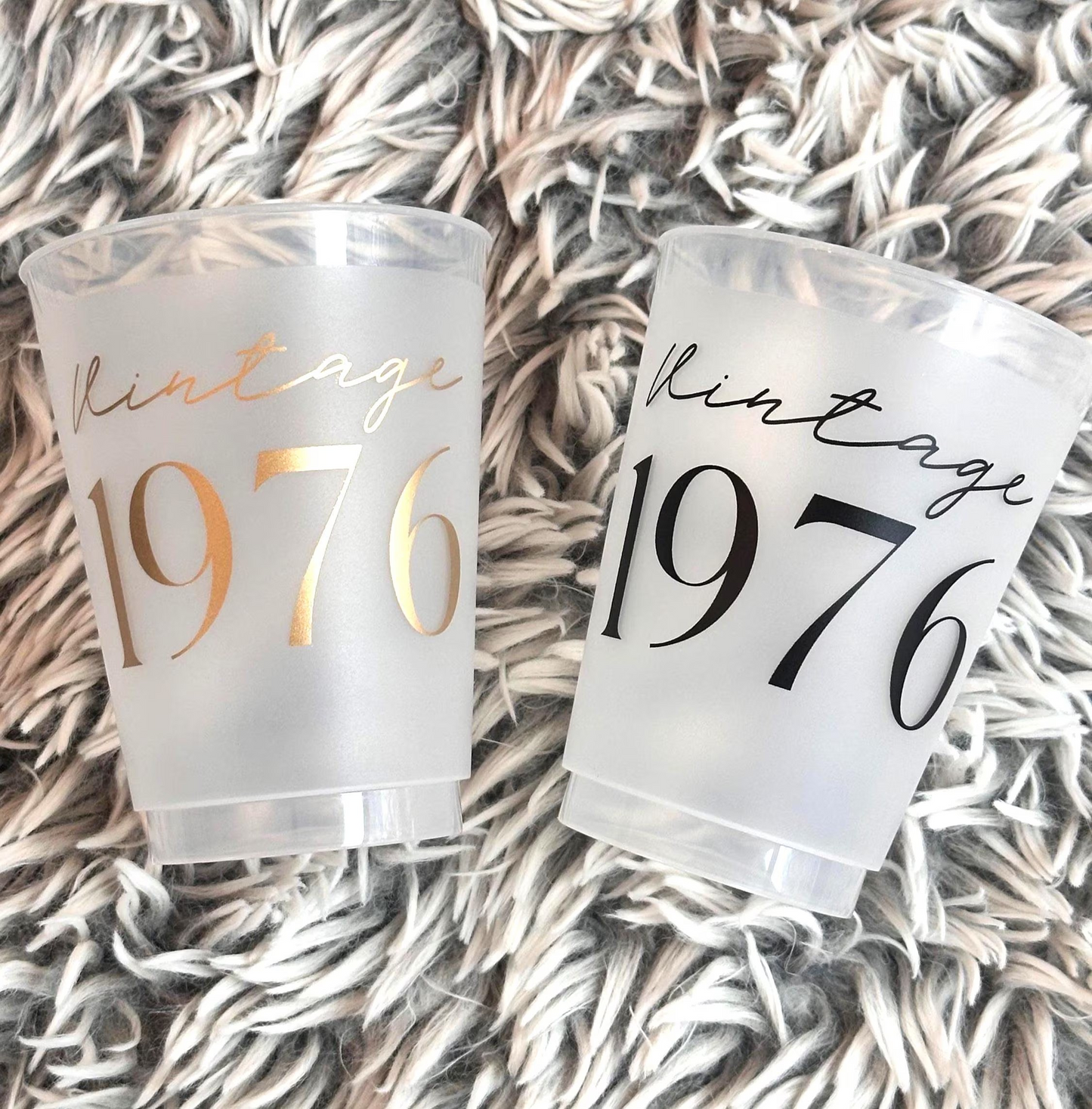 Vintage 1976 frosted cups in black and gold text 16-ounce 50th Birthday Cups