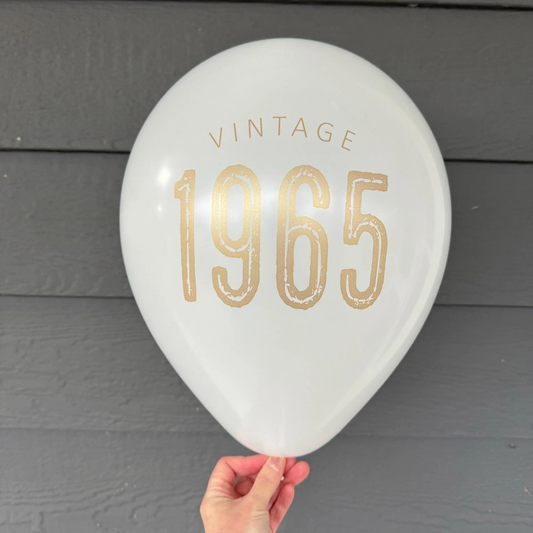 Vintage 1965 60th Birthday Balloon – Retro Celebration- Black, White, or Navy with Gold Metallic Font