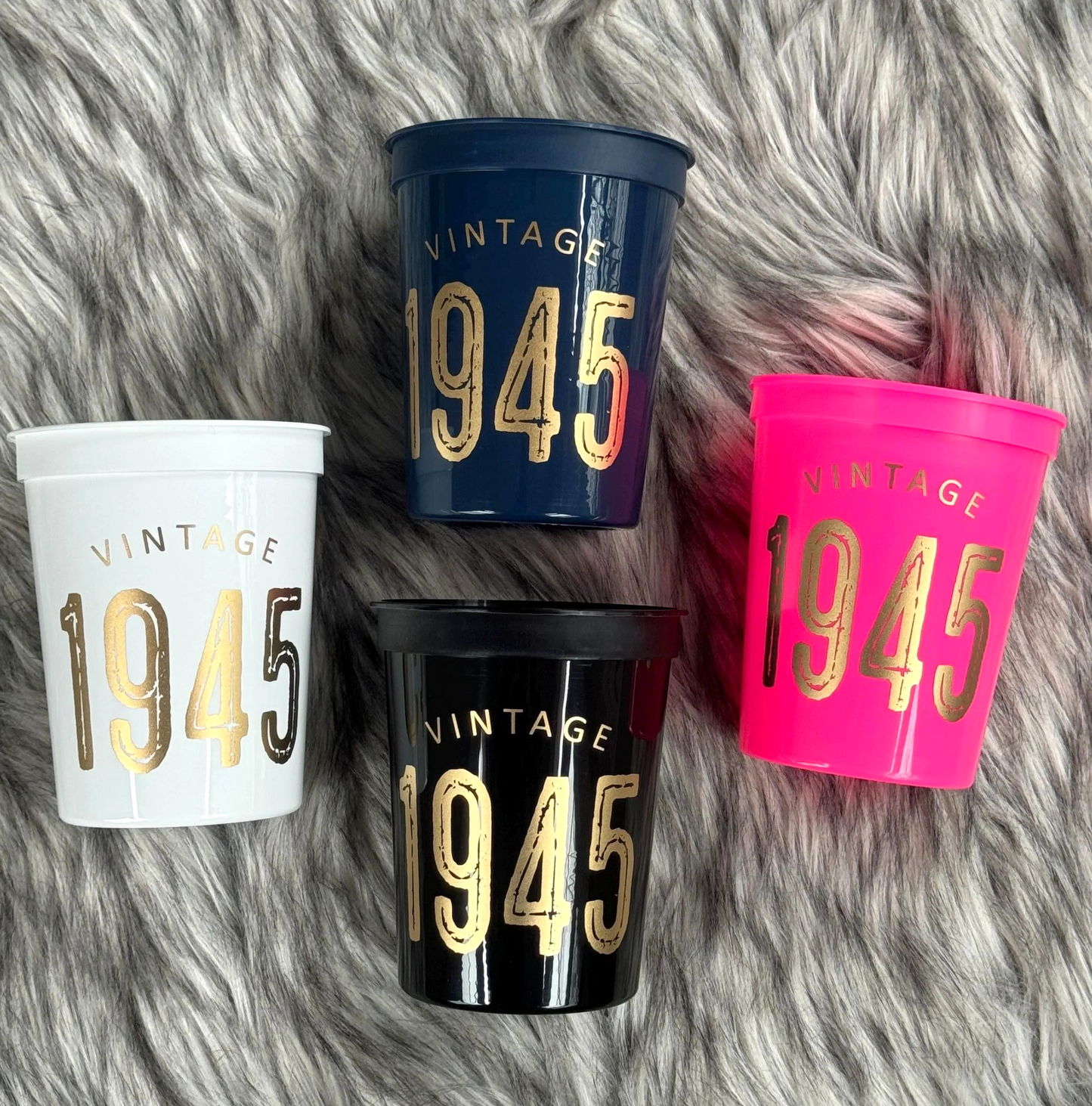 Vintage 1945 Cups, 80th Birthday Party Cups, 16 ounce Stadium Cups, Hot Pink, Black, White, Navy Set of 10